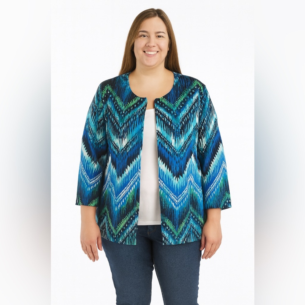 Chico's Blue Open Front Watercolor Chevron Blazer Jacket Womans Size 2 L…